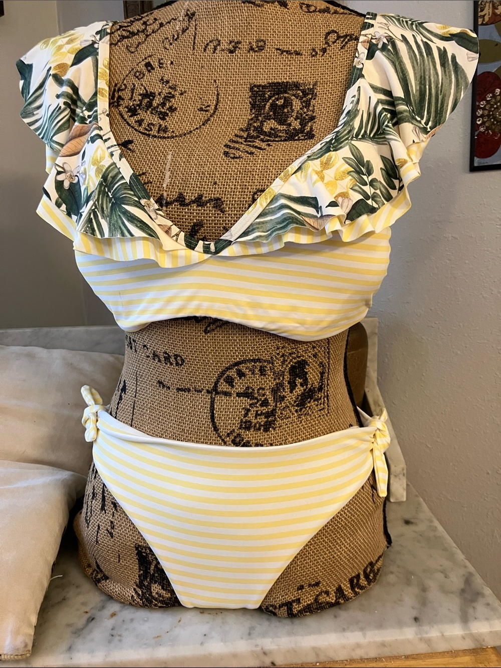 Gianni Bini Yellow Stripe Bikini with Tropical Ruffle